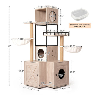 63" Multi-Functional Cat Tree with Litter Box - Includes Removable Washable Cushion, Scratching Posts & Toy Hanger, Modern Design, Rustic Gray Dweva