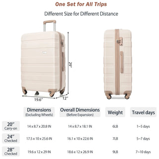 Luggage Sets 4 Piece, ABS Durable Suitcase with Travel Bag, Carry On Luggage Suitcase Set with 360° Spinner Wheels, ivory and golden Dweva