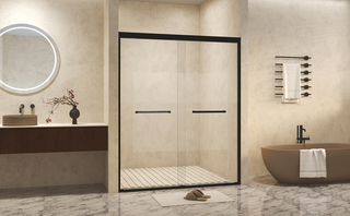44-48" W × 72" H Tempered Glass with Explosion Proof Film, Aluminum Frame Double Sliding Shower Door, "1/4 (6 mm), Stainless Steel handle, Matte Black Dweva