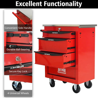 4 Drawers Multifunctional Tool Cart with Wheels,Metal Rolling Tool Cart Storage for Garage Workshop Warehouse Repair Shop--With Stainless Steel Roof- Red&Black Dweva