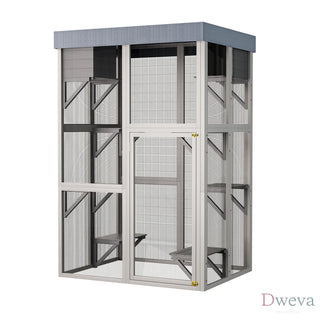 70.5＂ Tall Wooden Catio Outdoor Cat Enclosure, Gray Cat House Large Solid Wood Cage Playpen with 6 Jumping Platforms & 2 Napping Houses, Movable tarp cover Dweva