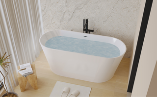 59" Acrylic Freestanding Bathtub, Stand Alone Soaking Tub, Glossy White Acrylic, Toe-tap Chrome Drain, cUPC Certified Dweva