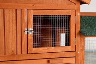 Large Wooden Rabbit Hutch, 2-Story Outdoor Bunny Cage with Waterproof Asphalt Roof, Pull-Out Tray & Ramp, Fir Wood Pet House for Rabbits, Chickens, Guinea Pigs (Brown & Green) Dweva