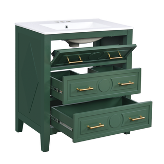 30'' Bathroom Vanity with Ceramic Sink Combo, Free Standing Single Vanity Set with 3 Drawers, Solid Wood Frame Bathroom Storage Cabinet, Green Dweva