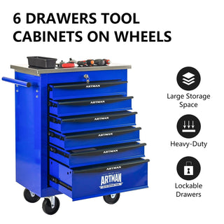 6 Drawers Multifunctional Tool Cart with Wheels,Metal Rolling Tool Cart Storage for Garage Workshop Warehouse Repair Shop--With Stainless Steel Roof- BLACK&BLUE Dweva