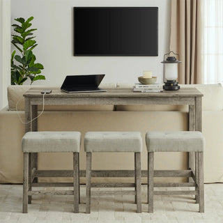 59 Inch Bar Table, Dining Table, Sofa Table with Power Outlet, 3 Upholstered Stools, 4 Piece Bar Table and Chair Set for Living Room, Dining Room, Kitchen Dweva