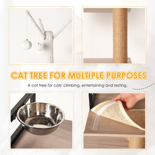 Cat Tree with Litter Box Enclosure - Modern Cat Condo with Scratching Posts, Feeding Bowl & Removable Pompom Sticks, Gray Dweva