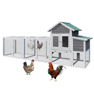 Gray Wooden Chicken Coop Outdoor Hen House with Run, Waterproof Roof & Nesting Box, Rabbit Duck Poultry Cage with Perch, Sliding Tray, and Secure Locks Dweva