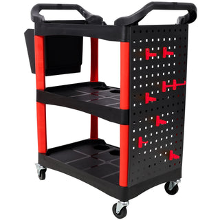 3 Tier Rolling Auto Detail Cart With Wheels,With Bucket & Panel & Hook,for Detailers Garage, Workshop, Repair Shop, Storage Tool,Red&Black Dweva