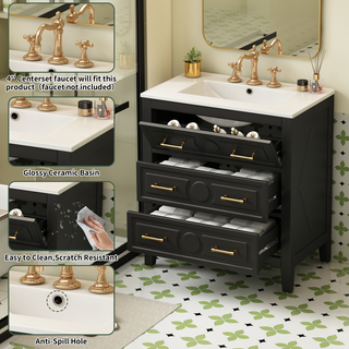 30'' Bathroom Vanity with Ceramic Sink Combo, Free Standing Single Vanity Set with 3 Drawers, Solid Wood Frame Bathroom Storage Cabinet, Black Dweva