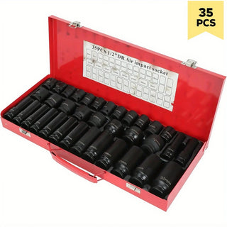 35pcs 1/2" lmpact Socket Set Cr-V Steel Drive Deep 6Point Socket Tool Set 8-32mm Metric Socket WrenchSet with Size Marking for Automotive Repair High Torque Dweva