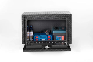 30 inch aluminum underbody truck tool box heavy duty underbed toolbox tool storage organizer chest with lock and keys, waterproof trailer box, extra thick diamond thread plate matte black finish Dweva