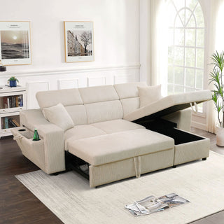 Off-White Corduroy Living Room 3-Piece Extendable Sofa Set