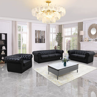 94.5" Black Cow Top Leather 3-Piece Living Room Sofa Set